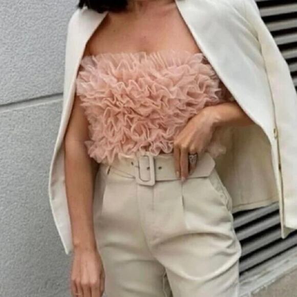 NWT Zara Pink Tulle Strapless Ruffle Crop Top XS Blogger Favorite Party Tube Top - Picture 6 of 9